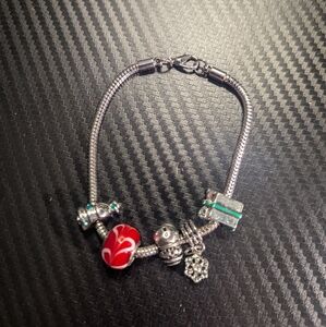 Silver Charm Bracelet with Red Bead